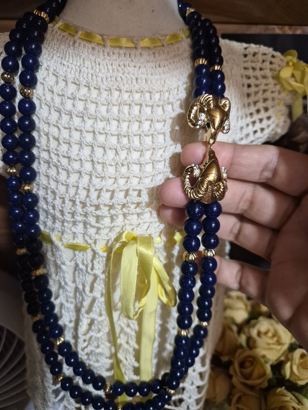 Vintage Kenneth Jay Navy Blue Beaded Necklace with Gold Ram Head Accent